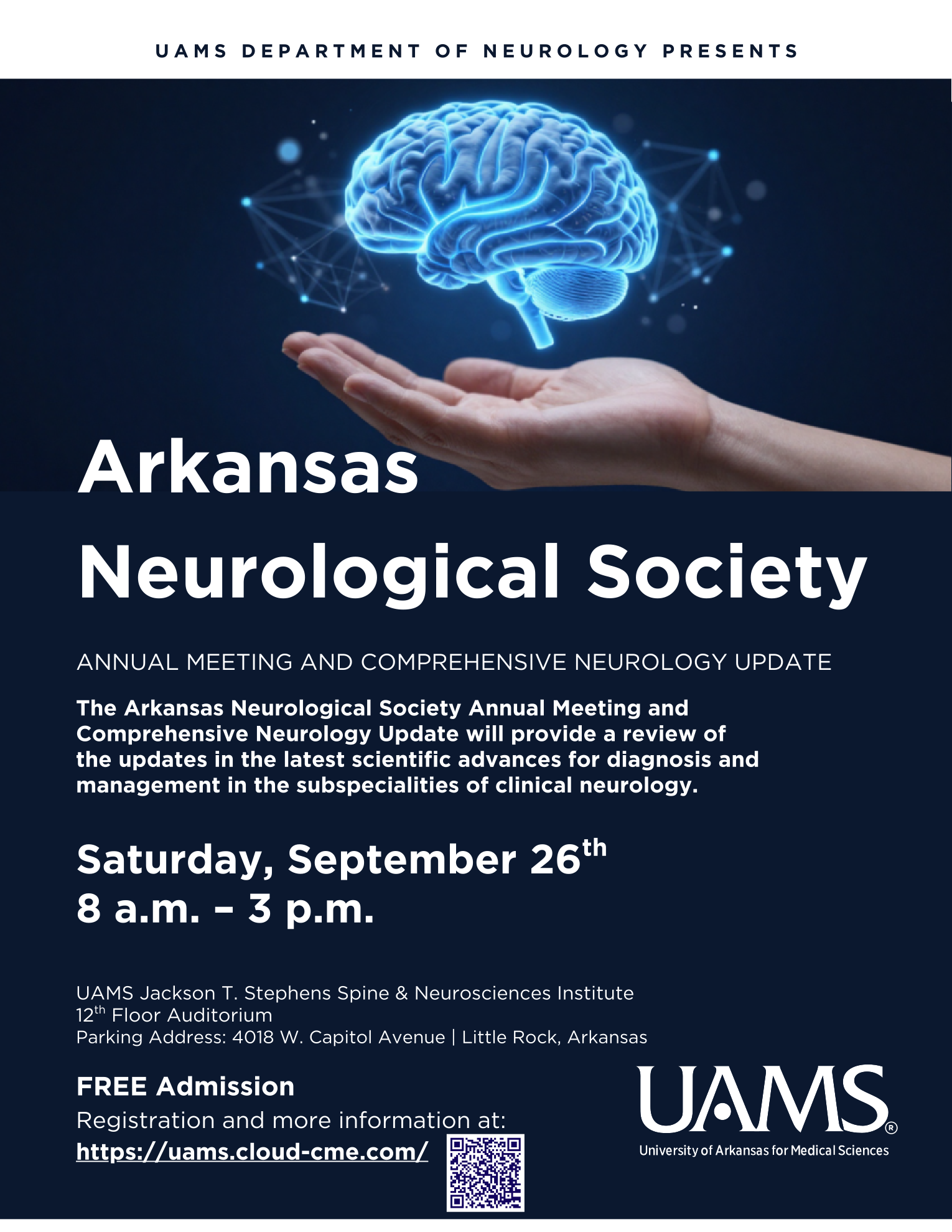 Flyer for the 2026 Arkansas Neurological Society Annual Meeting and Comprehensive Neurology Update.